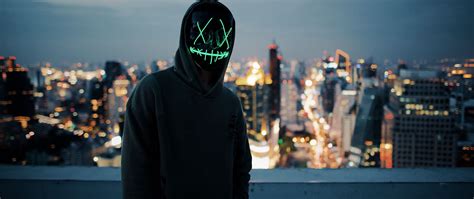 Download Wallpaper 2560x1080 Anonymous Mask Hood Hoodie City Glow