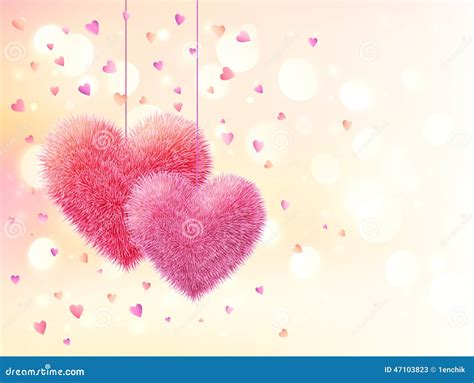 Pink Fluffy Hearts Pair On Light Bokeh Background Stock Vector