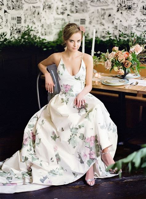 Picture Of A Pastel Floral Print Wedding Dress With A V
