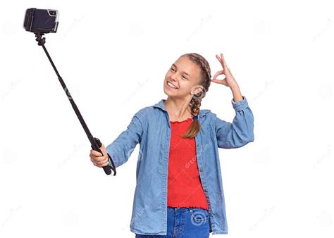 Teen Girl With Selfie Stick Stock Photo Image Of Friendly Isolated