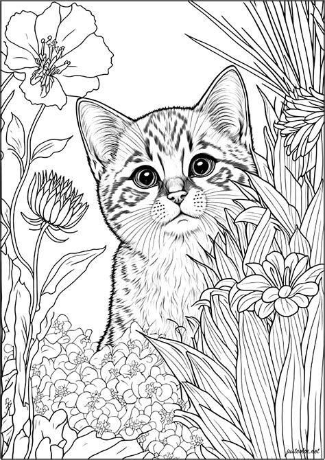 Young Cat Surrounded By Flowers Cats Adult Coloring Pages