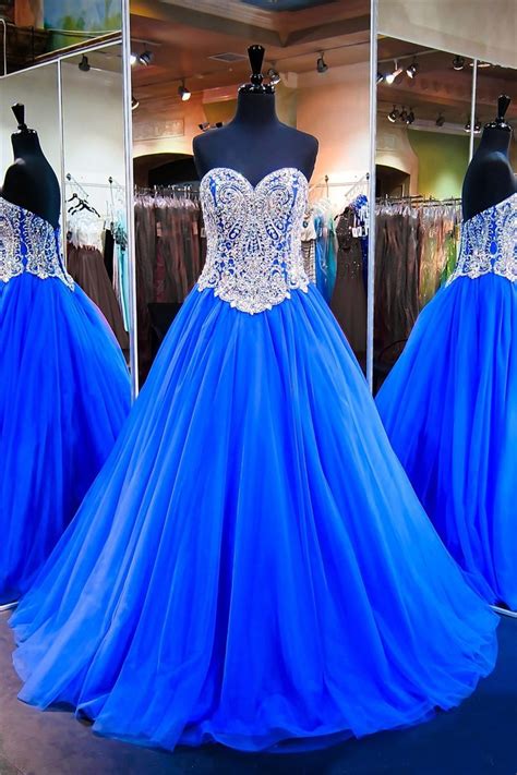 Stunning Ball Gown Sweetheart Royal Blue Tulle Beaded Prom Dress Corset