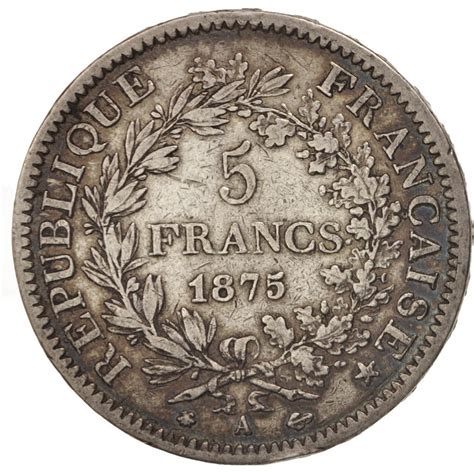 19850 Monnaie France Hercule 5 Francs 1875 Paris Ttb Argent Km