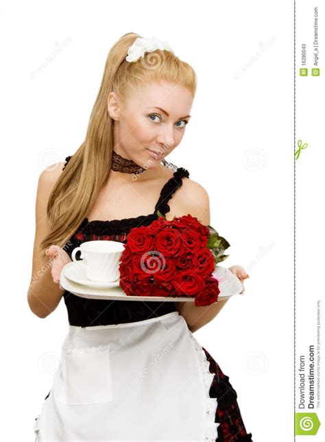 Kellnerin In Der Uniform Mit Tellersegment Und Blumen Stockfoto Bild Von Schönheit Partei