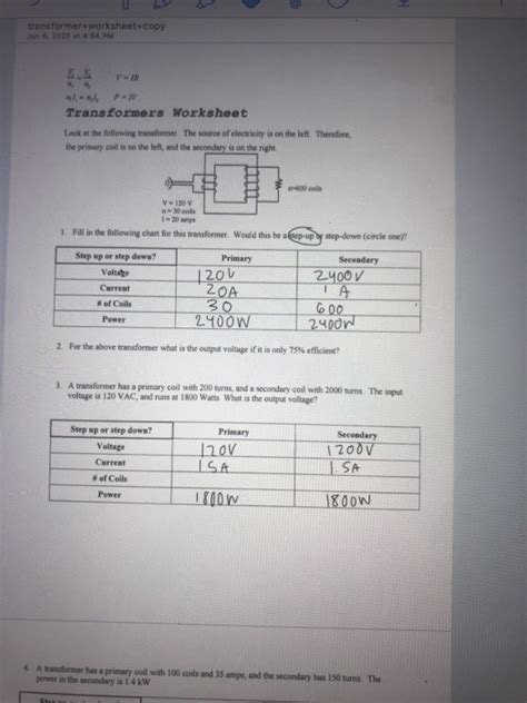 Solved Transformerworksheetcopy Jun 6 2020 At 454 Pm P