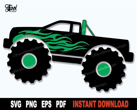 Monster Truck Svg With Green Fire Flames Automotive Clipart Etsy
