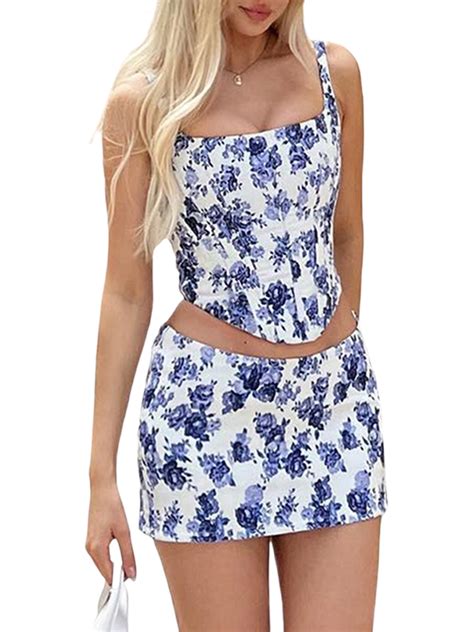 Eyicmarn Womens Two Piece Summer Outfits Sleeveless Floral Corset Tank