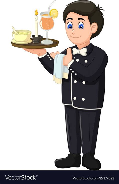 Funny Waiter In Black Uniform With Cartoon Vector Image Community