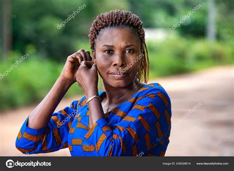 Beautiful African Woman Traditional Dress Standing Countryside