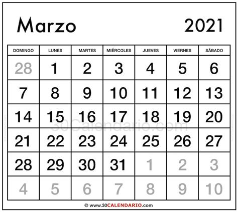 Blanco Calendario Marzo 2021 Con Feriados Y Feriados Para Imprimir