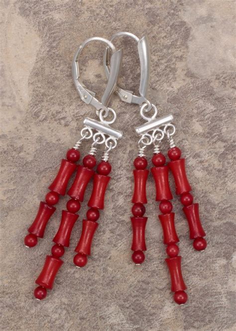 Sterling Silver And Red Coral Chandelier Earrings Chandelier Earrings