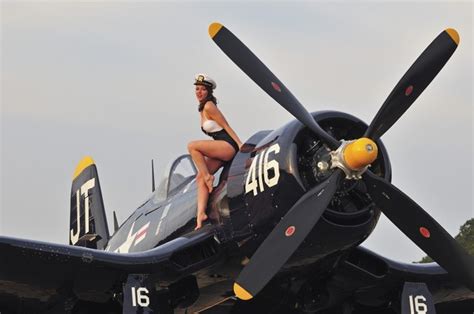 S Style Navy Pin Up Girl Sitting On A Vintage Corsair Fighter Plane Print Contemporary