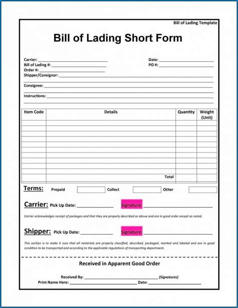 Free Printable Short Form Bill Of Lading