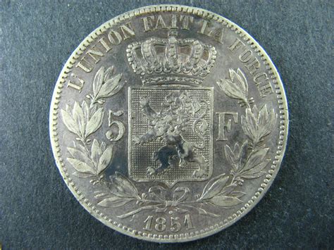 5 Francs 1851 Dot Above Date Belgium Km17 Belgique België Silver Coin