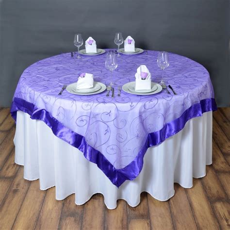 Purple Satin Edges Sheer Organza Square Overlay For Wedding Catering Party Table Decorations