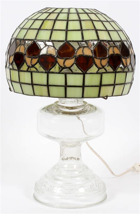 Tiffany Style Slag Glass Shade And Pressed Glass Lamp