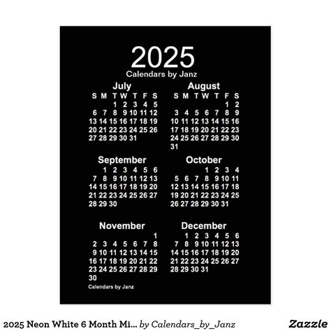 2025 Neon White 6 Month Mini Calendar By Janz Postcard Holiday Card Diy