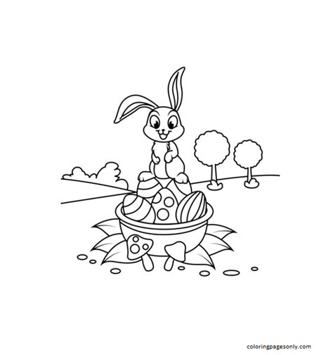 Cute Rabbit on Easter Basket Coloring Pages - Bunny Coloring Pages