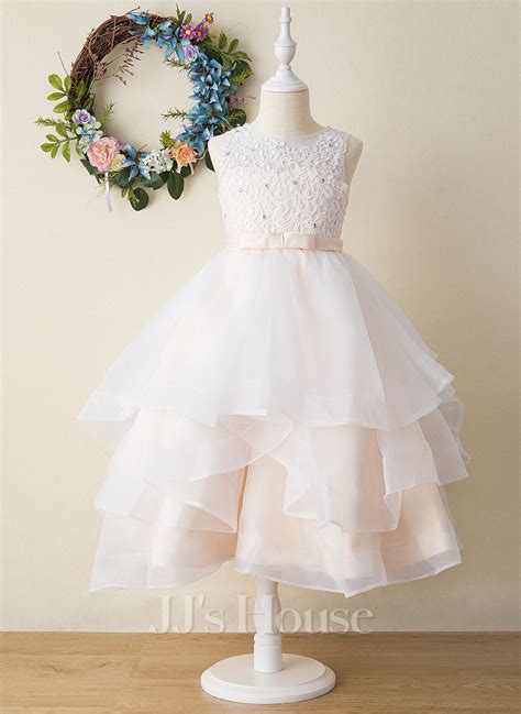 ball gown princess tea length flower girl dress tulle lace sleeveless scoop neck 010206303