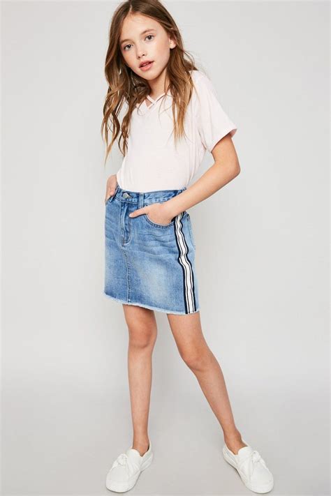 Side Stripe Denim Mini Skirt Tween Fashion Outfits Girls Fashion