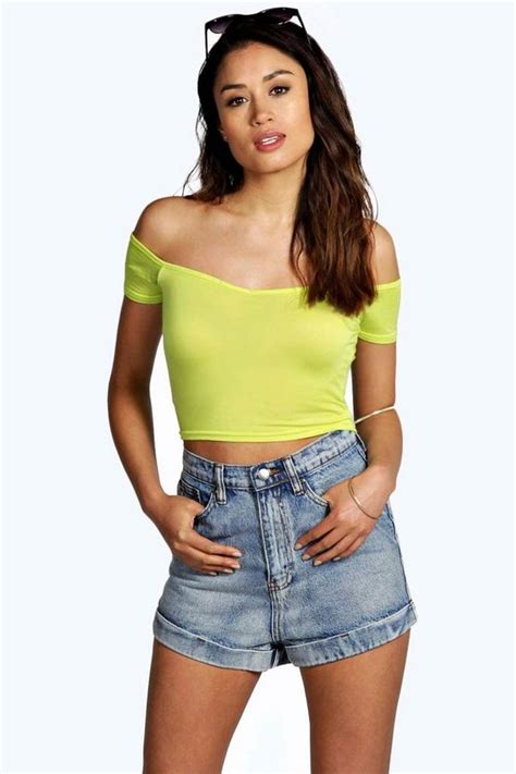 Petite Mia V Neck Bardot Crop Top Boohoo