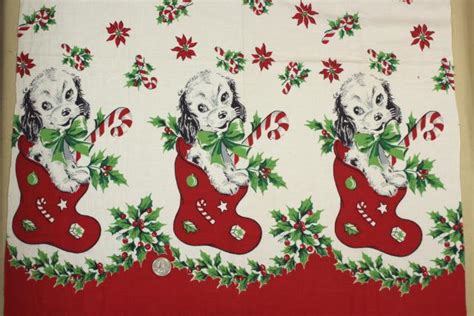 1950s Vintage Holiday Novelty Border Print Cotton Fabric Christmas