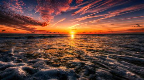 Sunset Colorful Sky With Red Clouds Sea Waves Horizon