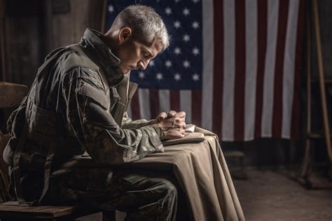 Premium Ai Image A Soldier Praying In Front Of A Flag