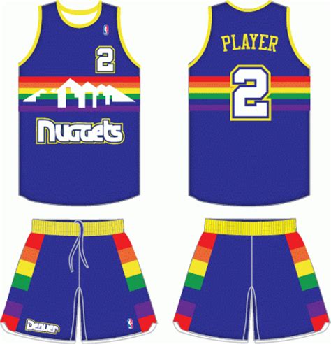 Denver nuggets primary logo 1982 denver skyline on multicolored mosaic above script denver nuggets basketball history nba logo. Denver Nuggets Road Uniform - National Basketball ...