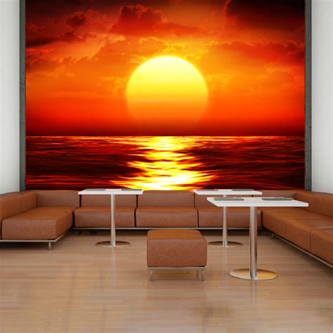 Red Sunset Wall Mural Ocean Seascape Photo Wallpaper Living Room