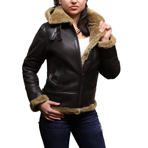 Womens Real Shearling Sheepskin Flying Aviator Leather Jacket Hooded