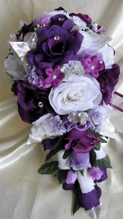 Wedding Bouquet Bridal Silk Flowers Cascade Plum Purple Silver 17 Pcs