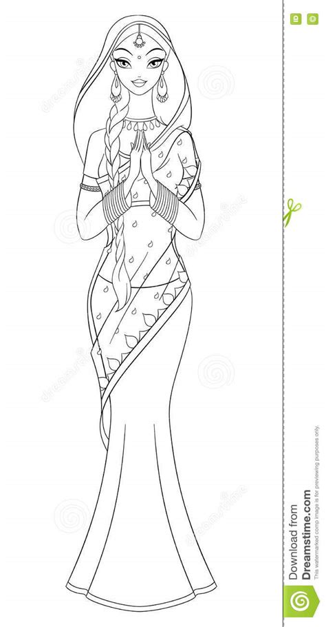 Sati is the eldest daughter of prasuti and daksha. Outlined Indian Girl In Sari. Coloring Page Vector ...