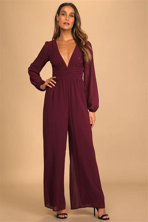 Plum Purple Jumpsuit Long Sleeve Jumpsuit Tie Back Jumpsuit Lulus