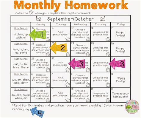 Monthly Homework Calendar 3rd Grade Homework Calendar First Grade