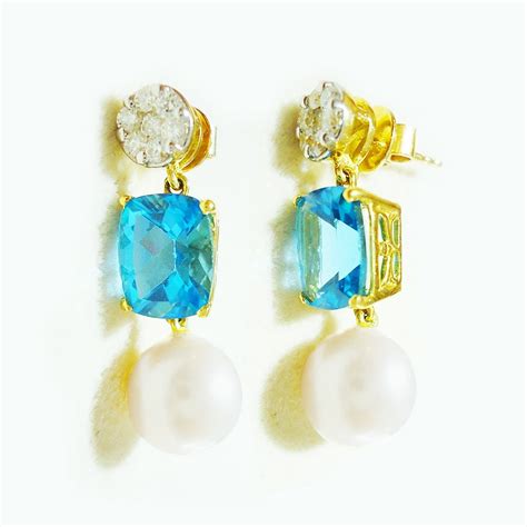 Blue Topaz Pearl Diamonds Dangle Earrings In 18K Gold Dubai Jewel
