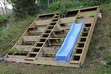Explore ideas for hillside landscape design, including plans and pictures. Raised garden beds and slide on slope. | Hillside ...