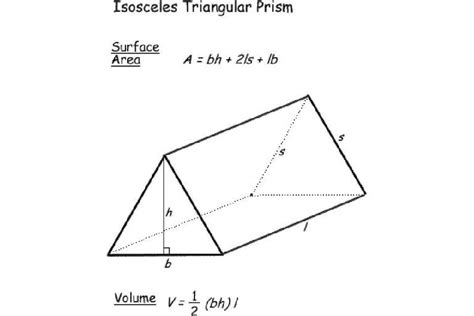 Feb 03, 2021 · to find the surface area of a triangular prism, use the formula surface area = l + 2b, where l is the lateral area and b is the area of the base. Calculating Surface Area and Volume Formulas for Geometric ...