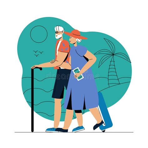 Illustration Of Elderly Couple On Vacation By Sea With Guidebook And
