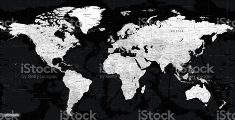 World Map Dark Black Grayscale Political Vector Detailed Illustration
