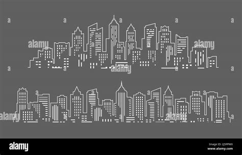 Set Of City Silhouettes Cityscape In Linear Style Building Town