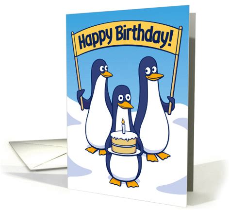 Happy Birthday Funny Penguins With Birthday Cake Card 1365296