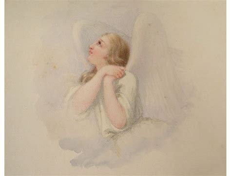Watercolor Portrait Religious Woman Praying Angel Wings Nineteenth Century