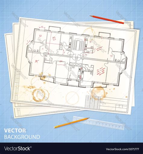 Architectural Papers With Sketches And Pencils Vector Image