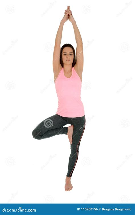 Young Woman Doing Yoga Asana Tree Pose Or Vrksasana Stock Photo Image