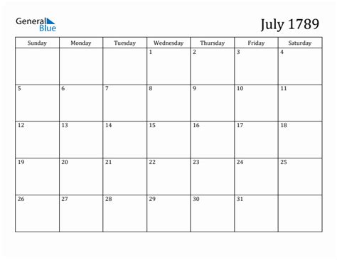 July 1789 Calendars Pdf Word Excel