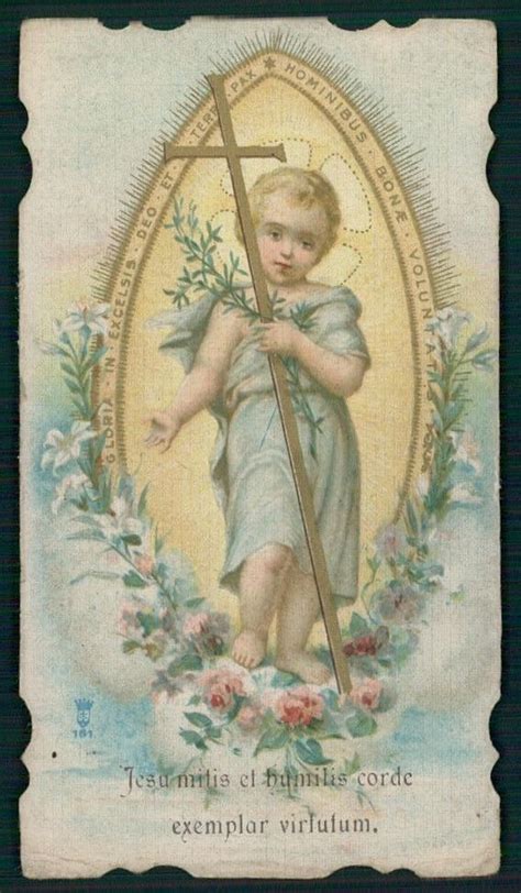 Antique Holy Card Vintage Baby Jesus Child Gold Cross Flower Cloud