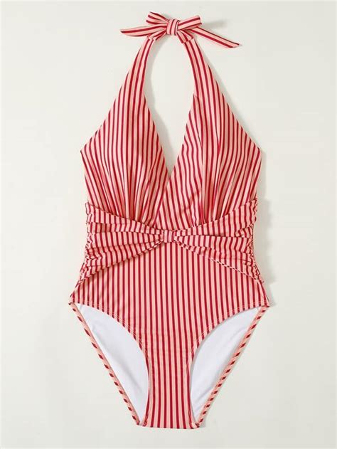 Striped Knot Front Halter One Piece Swimsuit Shein Usa