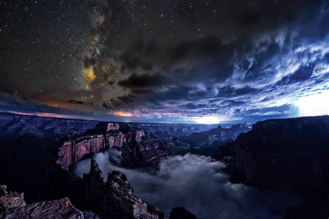Nature Landscape Grand Canyon Canyon Usa Night Clouds Stars