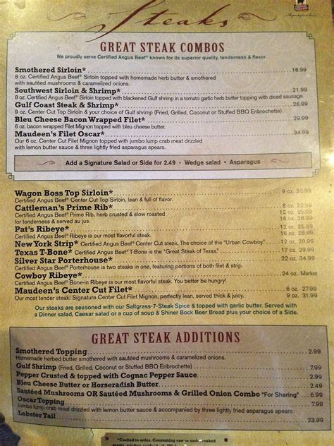 Find this year saltgrass menu specials, including prices for surf & turf, vaquero tacos, chicken laredo, honey bbq baby back ribs, western chopped steak, wagon. Saltgrass Steak House - Bite and Switch